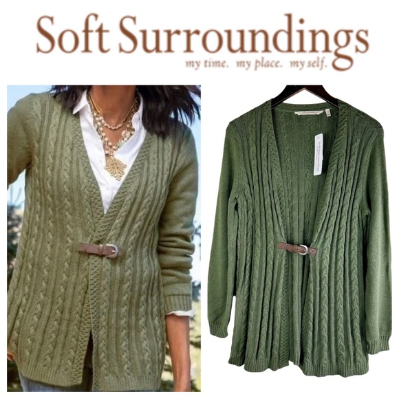 New Soft Surroundings Cardigan Sweater Sz Small Wren Cable Knit Green Buckle - Picture 1 of 6